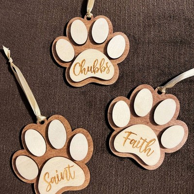 Personalised Wood Pet Paw Christmas Ornament with Name Engraved