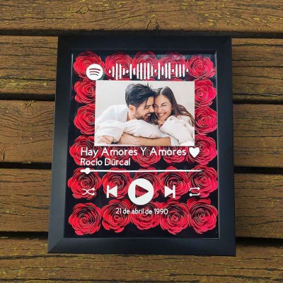 Personalised Spotify Flower Shadow Box With Couple Photo For Wedding Anniversary Valentine's Day