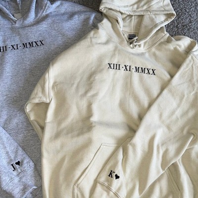 Custom Embroidered Roman Numeral Sweatshirt Hoodie With Initial On Sleeve For Couple Valentine's Day Anniversary