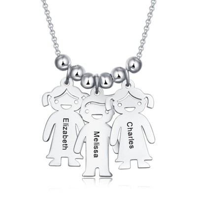 Silver Personalized Engraved Name Necklaces With 1-10 Children Kids Charms