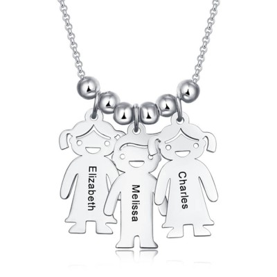 Silver Personalised Engraved Name Necklaces With 1-10 Children Kids Charms