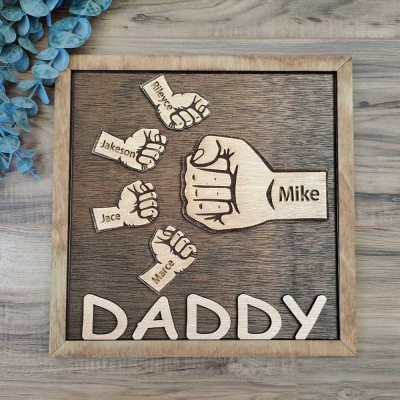 Personalised Dad and Kids Fist Bump With Name Frame Sign For Father's Day