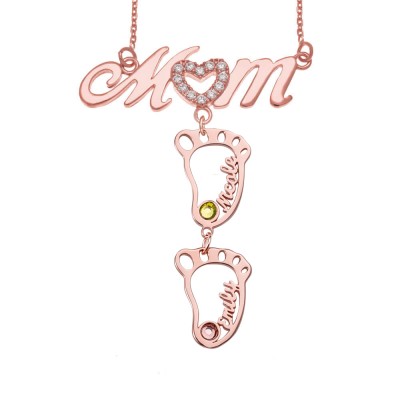 Personalised 1-10 Hollow BabyFeet Name Mum Necklace With Birthstones