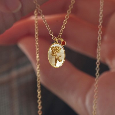 Personalised Dainty Birth Month Flower Mother Shell Gold Necklace With Birthstone For Mum