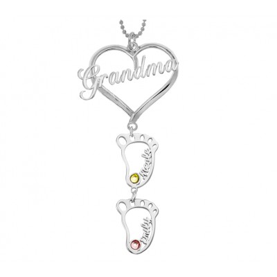 Silver Personalised Grandma Heart Pendant 1-10 Hollow BabyFeet Charm Birthstone Name Necklace