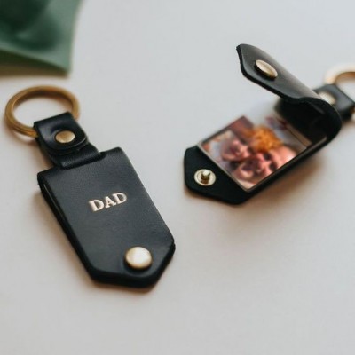 Personalised Black Leather Photo Keychain Key Ring Gifts For Dad Father's Day