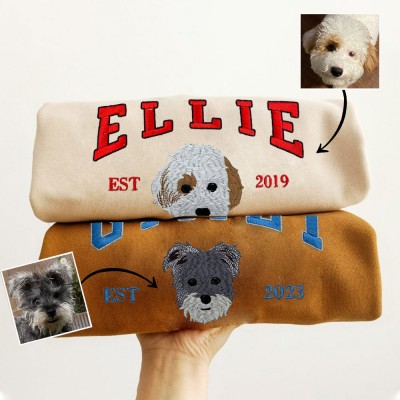 Personalised Dog Face Embroidered Sweatshirt Varsity Style For Pet Lover Gifts