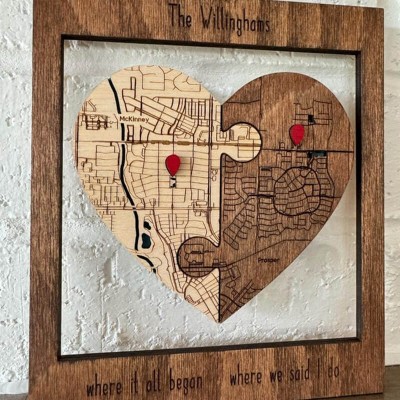 Custom Wooden Heart Puzzle Map Sign Keepsake Wedding Anniversary Valentine's Day Gift for Couple