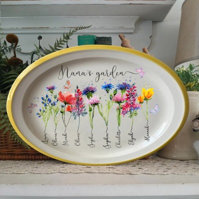 Personalised Nana's Garden Birth Month Flower Platter With Grandchildren Name For Christmas Gift