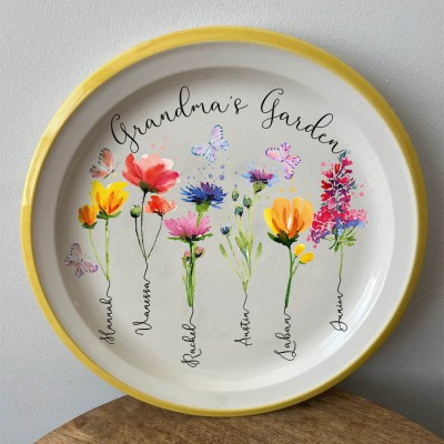 Personalised Grandma's Garden Birth Flower Platter With Grandchildren Name For Christmas Gift