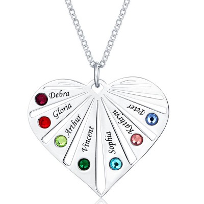 Silver Personalised 1-8 Engraving Family Name Heart Necklace With Birthstone