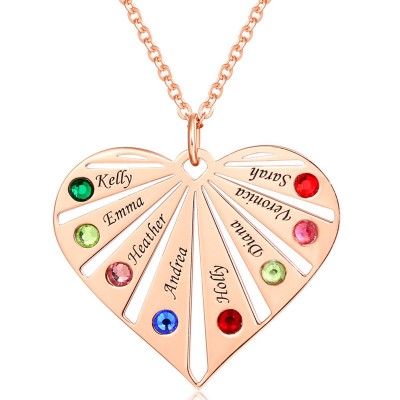 Personalised 1-8 Engraving Family Name Heart Necklace With Birthstone