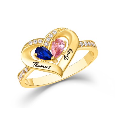 S925 Sterling Silver Personalised Birthstone Couple 2 Names Ring For Her