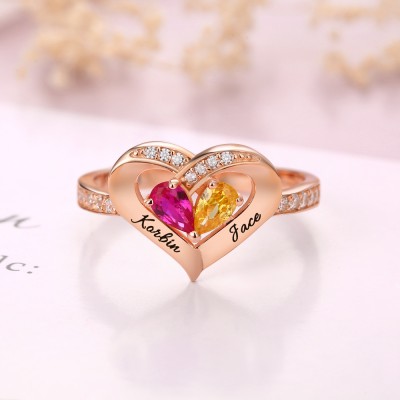 S925 Sterling Silver Personalised Birthstone Couple 2 Names Ring For Her
