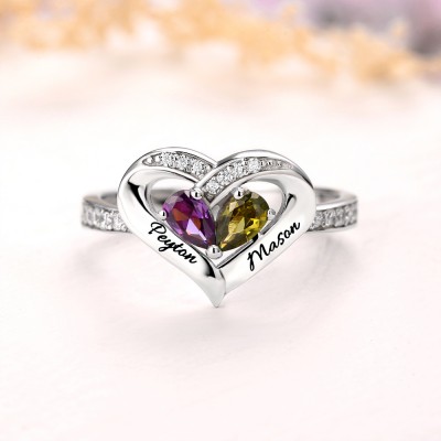 S925 Sterling Silver Personalised Birthstone Couple 2 Names Ring For Her