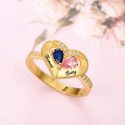 S925 Sterling Silver Personalised Birthstone Couple 2 Names Ring For Her