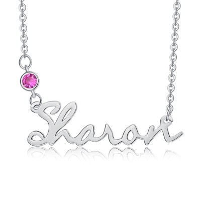 Silver Personalised " Carrie " Style Name Necklace With Birthstone