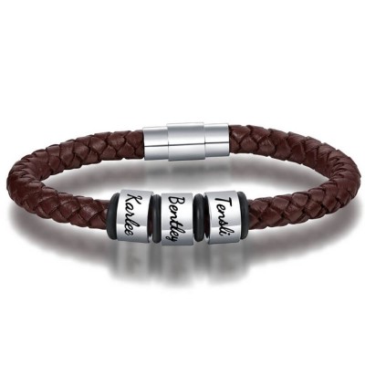 Personalized 1-10 Beads Engraving Name Brown Leather Bracelet Gifts for Him