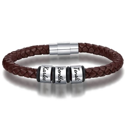 Personalised 1-10 Beads Engraving Name Brown Leather Bracelet Gifts for Him