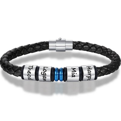 Custom 1-10 Beads Braid Name Black Leather Bracelet