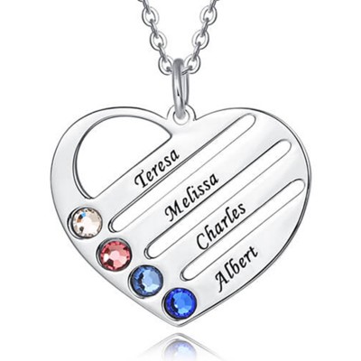 Personalized Heart Engraved Name Necklaces With 1-4 Birthstones