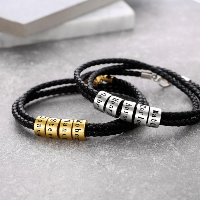 Personalised 1-10 Beads Engraving Name Black Leather Bracelet Gifts for Him