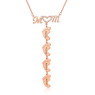 18K Rose Gold Plating Personalised MoM Heart 1-8 Baby Feet Charms Engraved Name Necklace