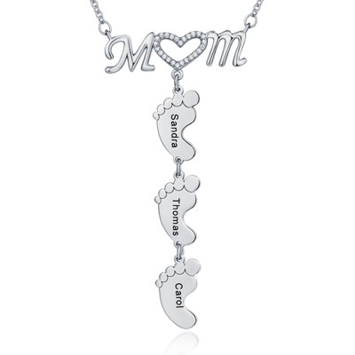 Silver Personalised MoM Heart 1-8 Baby Feet Charms Engraved Name Necklace