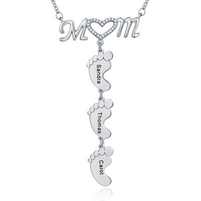 Silver Personalized MoM Heart 1-8 Baby Feet Charms Engraved Name Necklace