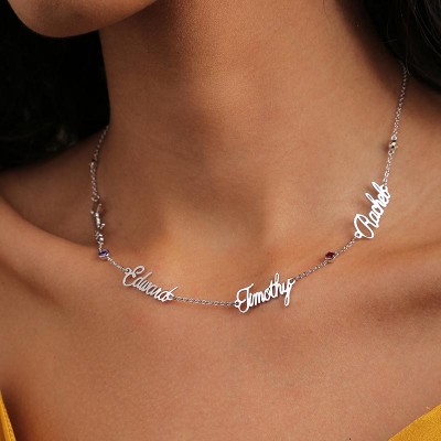 Silver Personalised Name Necklace With 1-6 Names and Birthstones