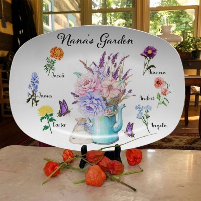 Nana's Garden Platter Personalised Birth Month Flower Plate With Grandchildren Name For Mother's Day Christmas