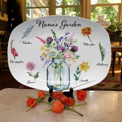 Personalised Nana's Garden Platter With Grandchildren Name and Birth Flower For Mother's Day