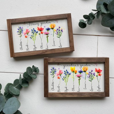 Personalised Mum's Garden Sign With Kids Names and Birth Month Flower For Christmas Day Gift