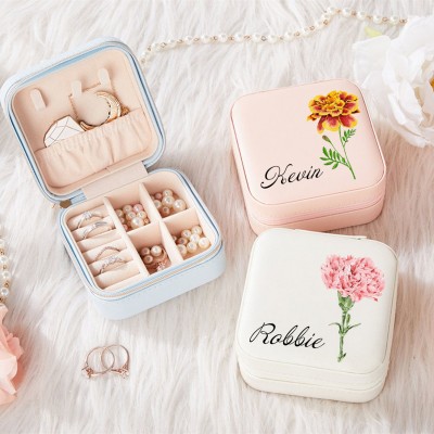 Personalised Birth Flower Jewelry Travel Box Bridesmaid Gift Case With Name