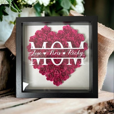Custom  Mum Heart Flower Shadow Box With Kids Name For Grandma Mum Mother's Day Birthday Gift