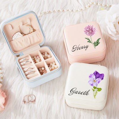 Personalised Birth Flower Jewelry Travel Box Bridesmaid Gift Case With Name