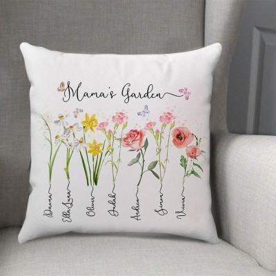Personalised Mama's Garden Pillow Birth Month Flower With Kids Name For Mum Christmas Day
