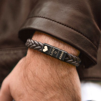 Personalised Men's Stainless Steel and Leather Bracelet With Symbol Beads For Him Valentine's Day