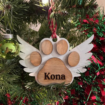 Personalised Wood Pet Paw Memorial Ornament with Wings Name Engraved