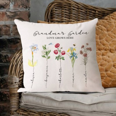 Personalised Grandma's Garden Pillow With Grandkids Names & Birth Month Flowers For Mother's Day