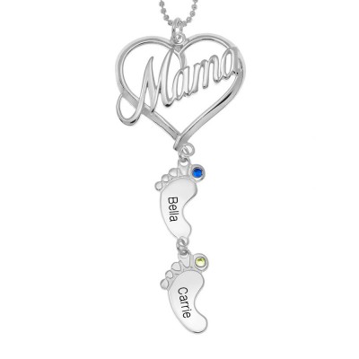 Silver Personalized Mama Heart Baby Feet Pendant Birthstone Name Necklace with 1-10 Charms