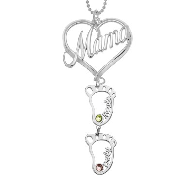 Silver Personalized Mama Heart Pendant Birthstones Name Necklace with 1-10 Hollow BabyFeet Charms