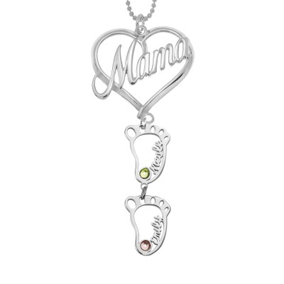 Silver Personalised Mama Heart Pendant Birthstones Name Necklace with 1-10 Hollow BabyFeet Charms