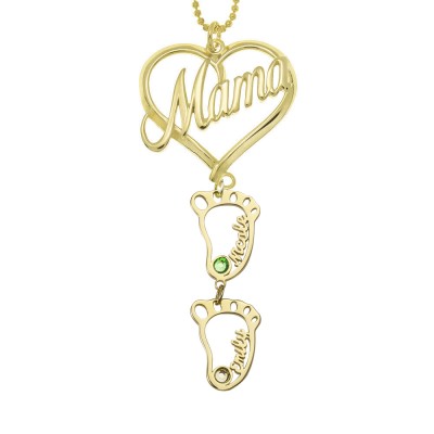 Personalised Mama Heart Pendant Birthstones Name Necklace with 1-10 Hollow BabyFeet Charms