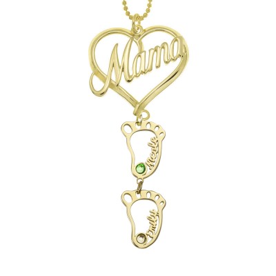 Personalized Mama Heart Pendant Birthstones Name Necklace with 1-10 Hollow BabyFeet Charms