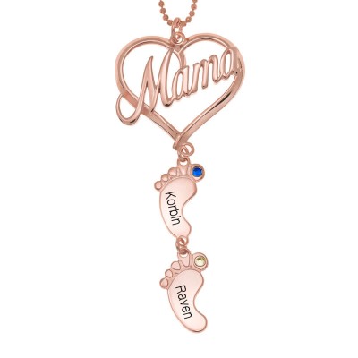 Personalised Mama Heart Baby Feet Pendant Birthstone Name Necklace with 1-10 Charms