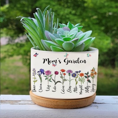 Custom Mom's Garden Plant Pot With Kids Name and Birth Month Flower For Mother's Day