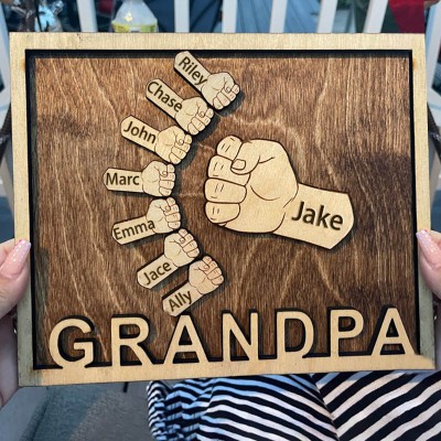 Personalised Dad and Kids Fist Bump With Name Frame Sign For Father's Day