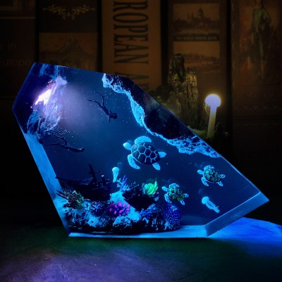Octopus and Diver Resin Wood Lamp Gifts For Ocean Lovers Couple