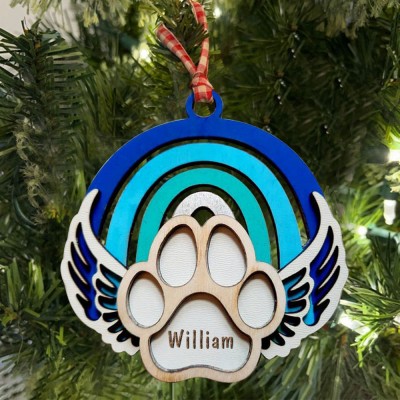 Personalised Wood Pet Paw Memorial Ornament Rainbow Bridge with Name Engraved
